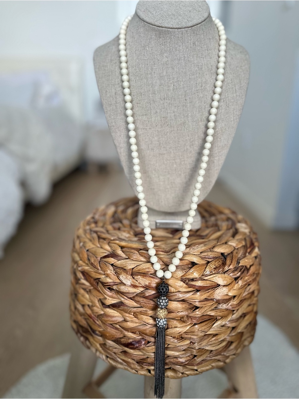 Stella & Dot Milana Neutral Beaded Tassel Necklace | Pavé Crystal Spheres